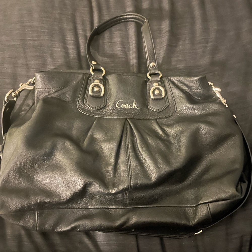 Coach Black Leather Tote with Pleated Design